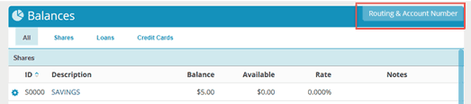 Screen grab showing the 'Routing and Account Number' button