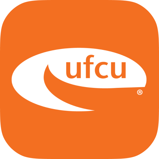White UFCU Logo on a orange bckground.